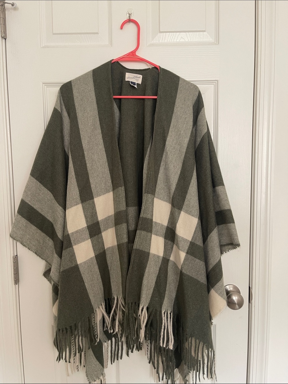 Olive Plaid Fringe Poncho Sweater